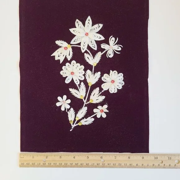 Handcrafted Floral Applique On Deep Burgundy Velvet 1970's White Petals Sequence - Picture 2 of 11